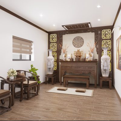 Phòng thờ dùng gạch màu gỗ đem lại cảm giác gần gũi và ấm cúng
